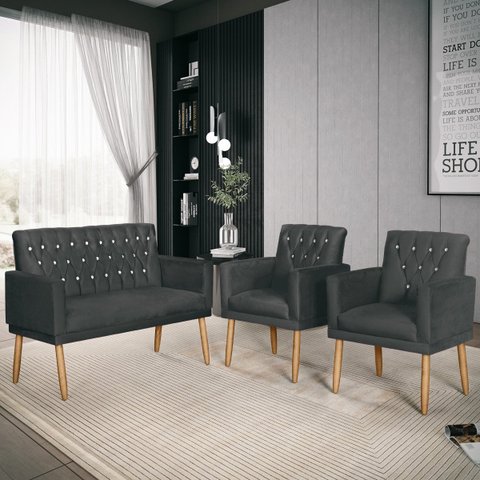 Kit Sky Namoradeira para Sala + 2 Poltronas Decorativas Preto - Bela Móveis