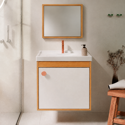 Kit Gabinete Armario de Banheiro + Espelheira - Pisa com Espelho 40cm Off White/Madeirado