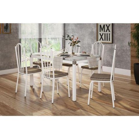 Jogo Mesa Vidro Branco 140cm 6 Cadeiras 121 Branco