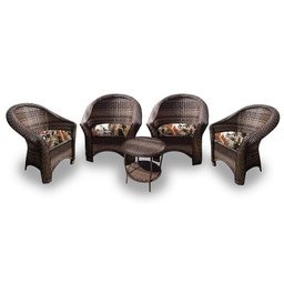 Conjunto de Poltronas Fibra Sintética Bali - 4 Poltronas + 1 Mesa Centro - Tecido Revieira Marrom - 1