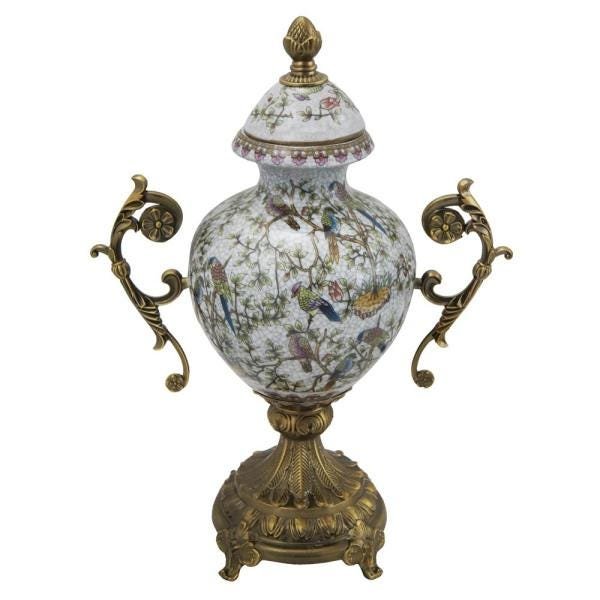 Potiche em Porcelana com Pintura Floral Colorida e Apliques Arabescos em Bronze - 1
