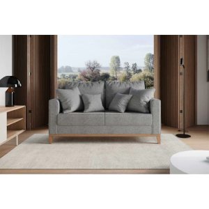 Sofá 2 Lugares Beny Base em Madeira Maciça Recepção Linho Cinza Kimi Design