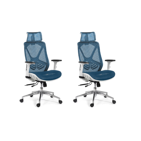 Kit 2 Cadeiras de Escritório Tela Mesh Ergonômico - Cor Azul e Branco - Base Giratória Cromada Berin