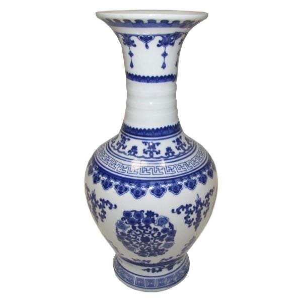Vaso Decorativo em Porcelana Oriental Azul e Branco - 1
