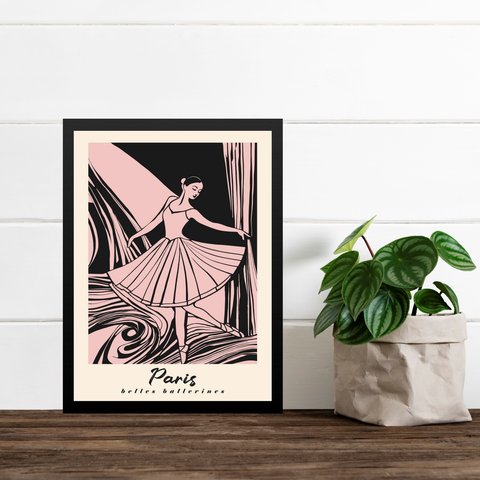 Quadro Decorativo Arte Bailarina Rosa - Paris 33x24cm - com Vidro:moldura Branca