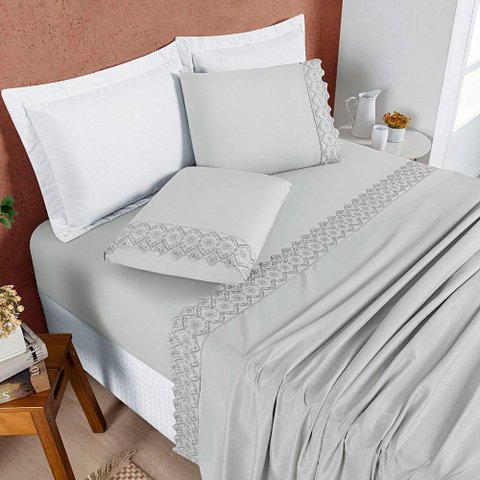 Jogo Cama Lençol Bouclê Casal Padrão Micro Percal 200 Fios C/ Laise Bordada 4 Peças - Cinza