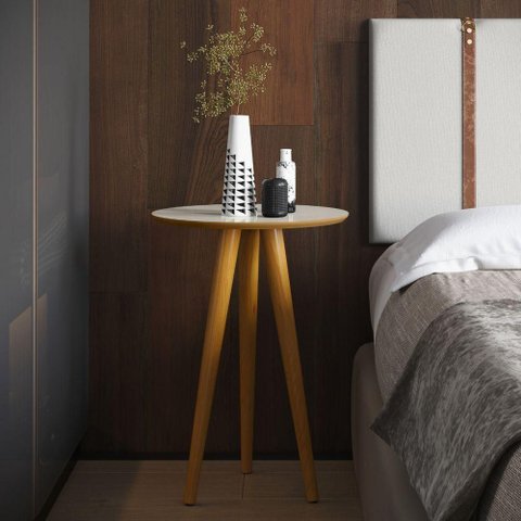 Mesa Lateral Porta Bella Redonda MDF Pés Madeira 46cm Off White Oft Móveis