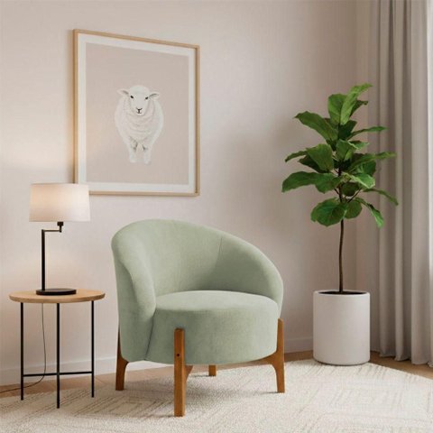 Poltrona Decorativa Ariel Orgânica Boucle Verde Claro com Pés Madeira Loja Sheep