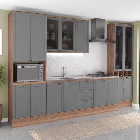 Cozinha Milla Pure 15 Portas 3 Gavetas MDF-MDP 340cm Cinza com Nogal Móveis Carraro