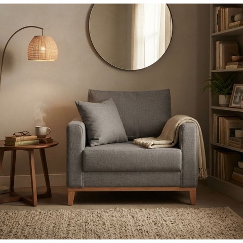 Poltrona Beny Decorativa com 2 Almofadas Linho Cinza Base em Madeira Maciça