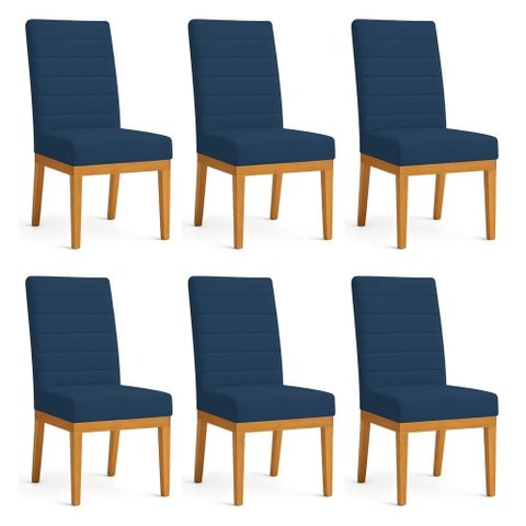 Kit 6 Cadeiras de Jantar Solana Veludo Azul Marinho Base de Madeira - Pallazio