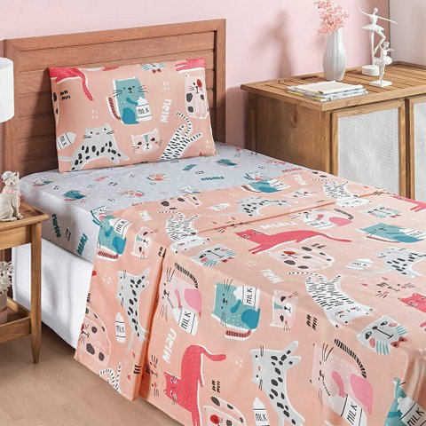 Jogo Cama Lençol Fantasy Solteiro Cama Quarto Infantil Microfibra 3 Peças Gatinha Rosê