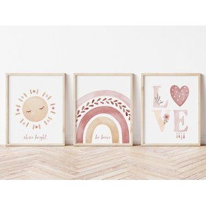 Kit 3 Quadros Sol Arco Íris Love Boho Quarto Menina Infantil
