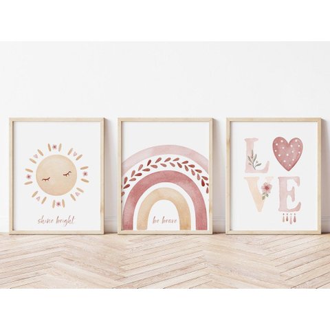Kit 3 Quadros Sol Arco Íris Love Boho Quarto Menina Infantil