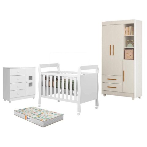 Guarda Roupa Flocos com Cômoda Life e Berço Soninho Branco Acetinado Colchão Americano Gazin