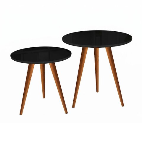 Conjunto Mesa Lateral Rubi Tampo Redondo Kit 2 Mesas Pés Palito para Sala de Estar Sofá - Preto