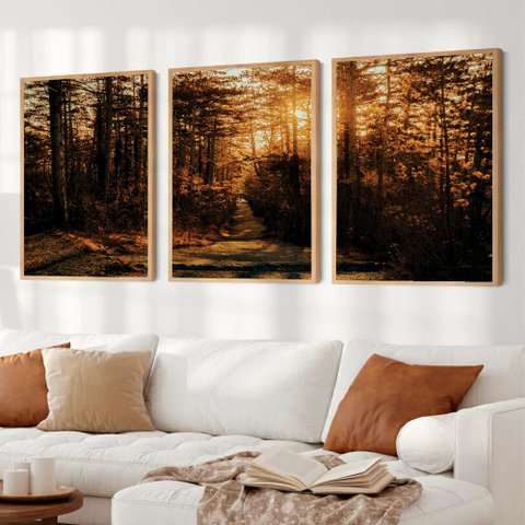Kit Quadro Decorativo 3 Telas As Arvores sobre a Luz do Sol Tacolado Moldura Trad 1cm Preta com Vidr