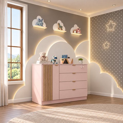 Cômoda Infantil 100% MDF 4 Gavetas 1 Porta Ripado Ayla Rose