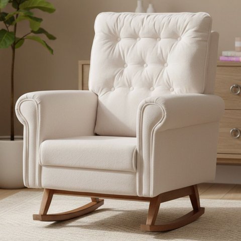 Poltrona de Amamentação com Balanço Base Nina Encanto D02 Bouclê Off White C-200 - Lyam Decor