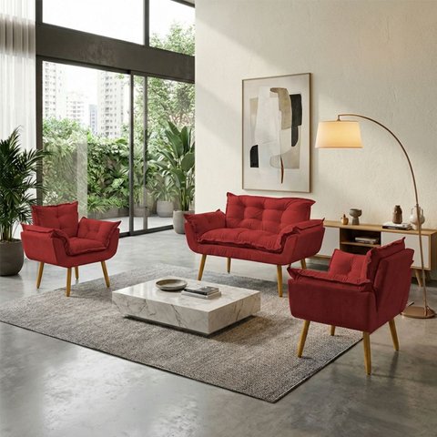 Kit Namoradeira Decorativa e 2 Poltronas Confortável para Sala Recepção Manicure Alice Suede
