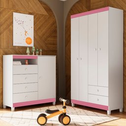 Guarda Roupa Infantil 4 Portas com Cômoda Sapateira 1 Porta 4 Gavetas Branco Azul e Rosa - 3