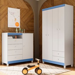 Guarda Roupa Infantil 4 Portas com Cômoda Sapateira 1 Porta 4 Gavetas Branco Azul e Rosa - 2