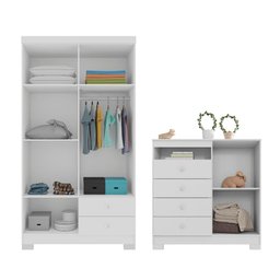 Guarda Roupa Infantil 4 Portas com Cômoda Sapateira 1 Porta 4 Gavetas Branco Azul e Rosa - 6