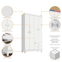 Guarda Roupa Infantil 4 Portas com Cômoda Sapateira 1 Porta 4 Gavetas Branco Azul e Rosa - 4