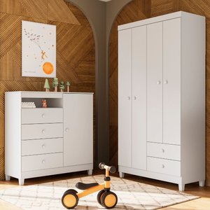 Guarda Roupa Infantil 4 Portas com Cômoda Sapateira 1 Porta 4 Gavetas Branco Azul e Rosa