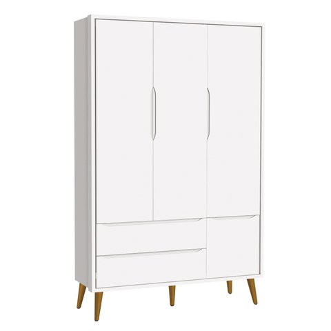 Guarda-roupa Retrô 3 Portas Théo New Branco Fosco com Madeira - Moveisaqui