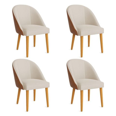 Kit 04 Cadeiras Poltrona de Jantar Bela Corano Nozes e Linho Pés Palito Castanho - Pallazio Cor