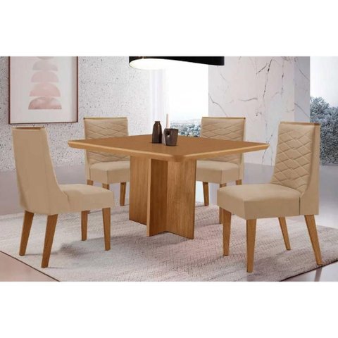 Sala Jantar Mesa Berlim Tampo Curvo 90cm+4 Cadeiras Maldivas Madeira Naturale - Capuccino/Linho Bege