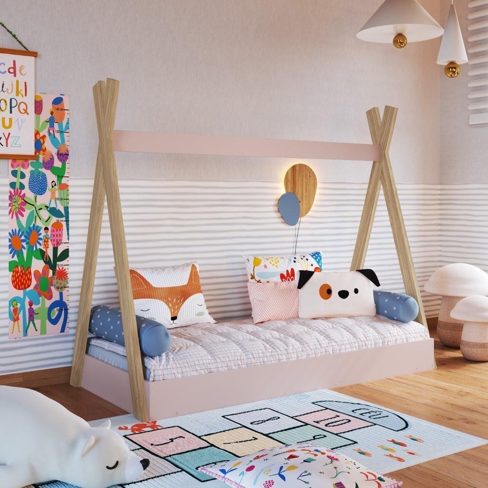 Cama Infantil Cabana Com Colchão MDF Marrom Madeira Rosa - 5