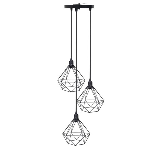 Lustre Pendente Aramado Triplo Diamante Preto Cabo Regulável Luminária Agp Ilumini Retro Diamante Lu