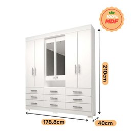 Guarda Roupa Casal com Espelho 9 Gavetas 6 Portas 100% MDF Débora Branco - 4