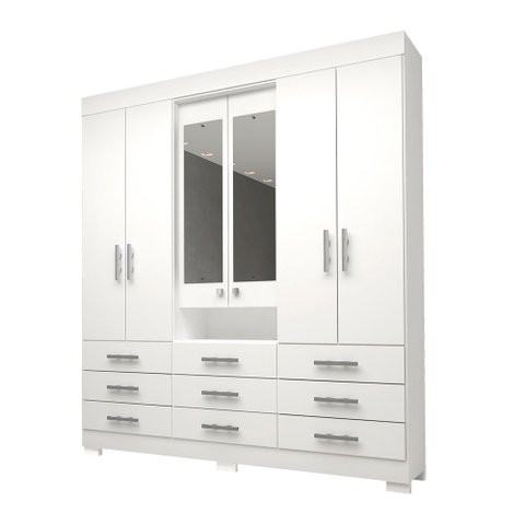 Guarda Roupa Casal com Espelho 9 Gavetas 6 Portas 100% MDF Débora Branco