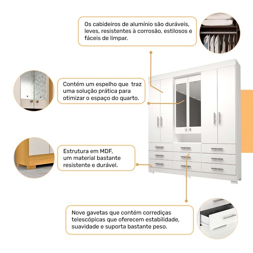 Guarda Roupa Casal com Espelho 9 Gavetas 6 Portas 100% MDF Débora Branco - 3