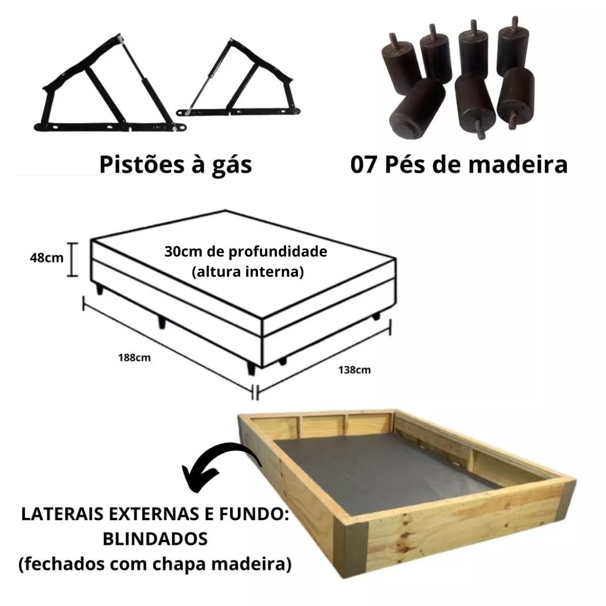 Cama Box Baú Casal Padrão com 48cm de Altura - Super Reforçado - Corino Linho Cinza - 4