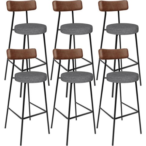 Kit 6 Banqueta Alta Cozinha Sala Jantar Milão L02 Couríssimo Marrom Linho Cinza Escuro - Lyam