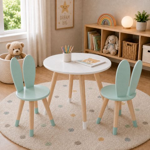 Conj Mesa 2 Cadeiras Coelho Infantil MDF15MM Pés Pinus:Menta
