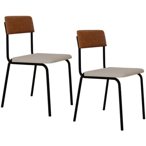 Kit 02 Cadeiras Estofada para Sala de Jantar Sense Preto C01 Linho Palha Courino Caramelo - Lyam