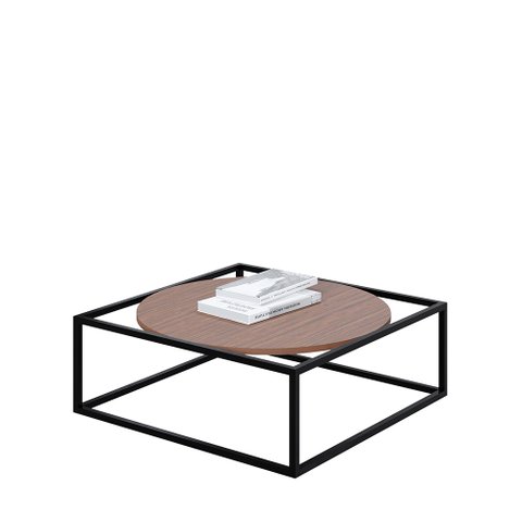 Mesa de Centro Sala 64x64x33cm Aço Preto e Madeira Industrial Moon Don Castro Decor