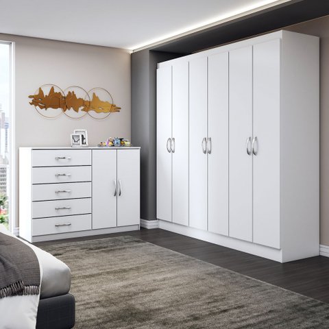 Guarda-roupa Luna 6 Portas 2 Gavetas com Cômoda 2 Portas 5 Gavetas Branco - Panorama Móveis