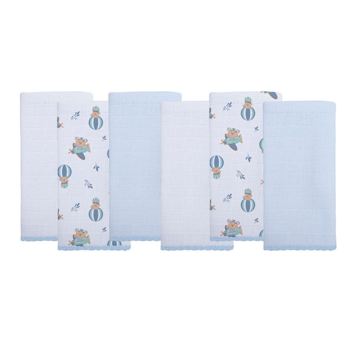 Pano de Boca Bublim Liso e Estampada - 6 Paninhos: Azul