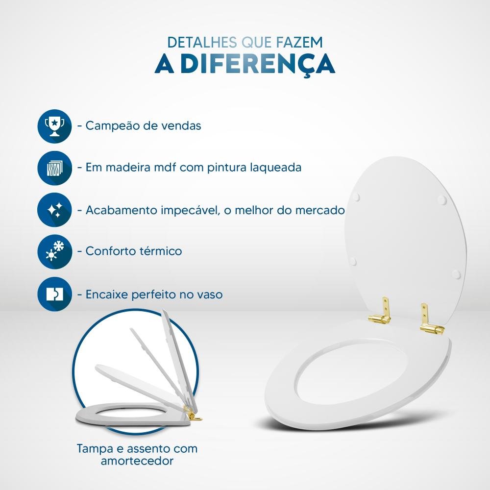 Assento Sanitário Soft Close Ravena Cinza Real para Vaso Deca com Ferragem Dourada - 5