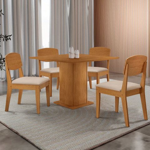 Mesa de Jantar Loren 90cm Tampo Mdf Canto Reto e 4 Cadeiras Copper Moderna Mobília
