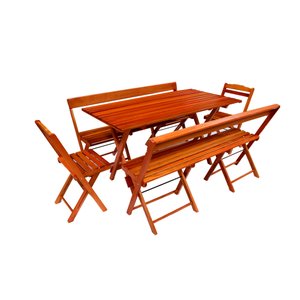 Conjunto Dobrável Mesa 1,5m 2 Bancos e 2 Cadeiras Madeira Maciça Eucalipto