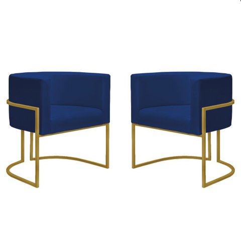 Kit 2 Poltronas Reforçadas Decorativa Sala Nayara Base Ferro Dourado Suede Azul Marinho