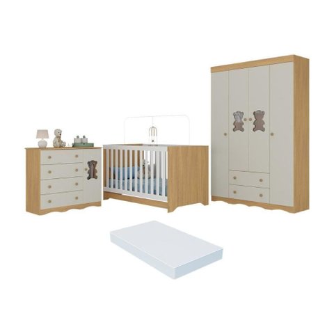 Quarto de Bebê Completo Berço Americano 3 em 1 Colchão Doçura Multimóveis MP4662 Madeirado-Off
