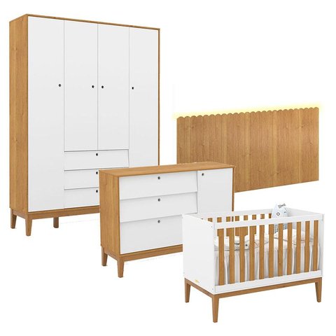 Quarto de Bebê Unique 4 Portas com Cômoda Sapateira e Painel Farm com Led Branco Soft Freijó Eco Woo